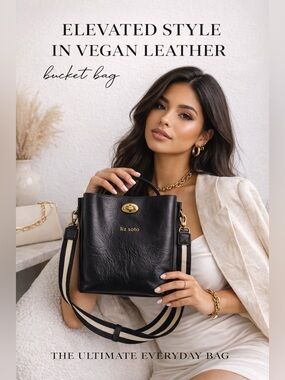 Liz Soto Black Vegan Leather Bucket Bag Crossbody Shoulder Bag Gold Hardware